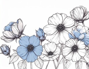 Fototapeta premium Blue Floral Illustration – Elegant Botanical Artwork generated AI