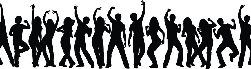 Dancing, people, silhouettes, party, celebration, music, crowd, movement, energy, nightlife, festival, concert, happiness, dancefloor, isolated, white, background, vector