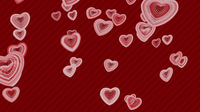 Heart shaped ornamental candy colored objects floating on red background. Looping animation for valentine's day or wedding. 