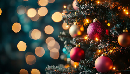 A festive Christmas tree adorned with colorful lights set against a bokeh backdrop creates a warm holiday ambiance.