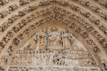 Central Tympanum Relief of Christ and Figures on Notre Dame Cathedral, Paris