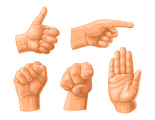 Male hand gesture. Fist, Like, handshake, Ok, Pointing, Stop, finger at viewer from front. Vector color illustration isolated on a white background. Sign for web, poster, info graphic
