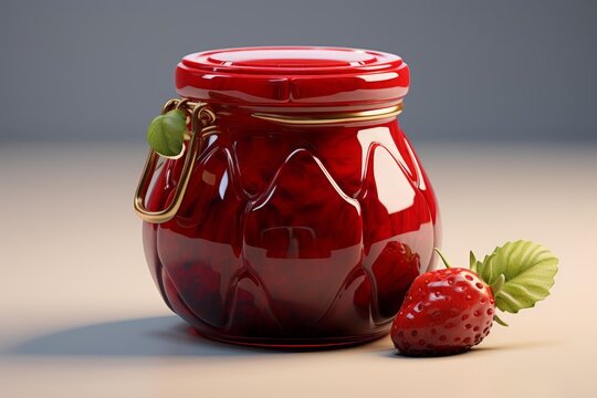 Red strawberry jam filling a cleam glass jar with a fresh strawberry beside it