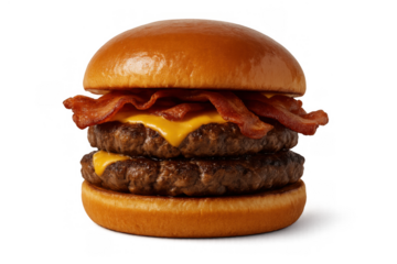 Double beef patty cheeseburger with bacon and cheddar cheese, a popular fast food item on a transparent background