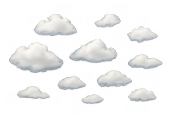 Realistic white fluffy clouds floating on transparent background, set of different shapes and sizes for weather concepts