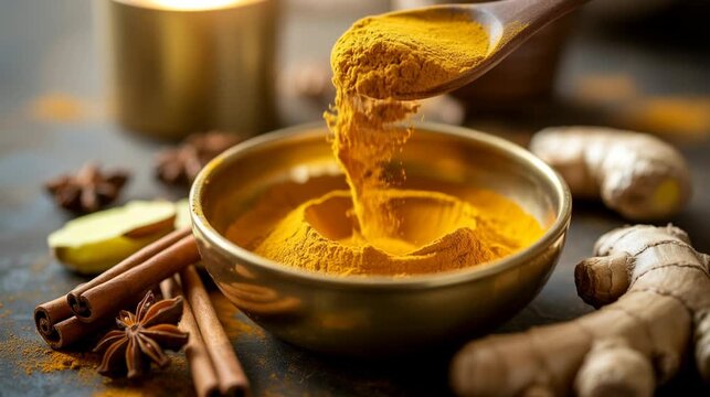 cinematic macro photograph of golden turmeric powder falling from wooden spoon into brass bowl surrounded by fresh ginger root cinnamon sticks and star anise on dark rustic table