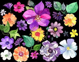 Colorful Flowers on Black Background &ndash; Vibrant Floral Artwork generated AI