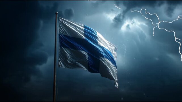 Dynamic Stormy Night with Finnish Flag Flapping Amid Lightning Show