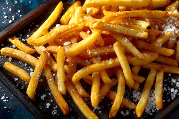 Perfectly golden fries served in a rustic wooden tray, ideal for sharing or enjoying alone