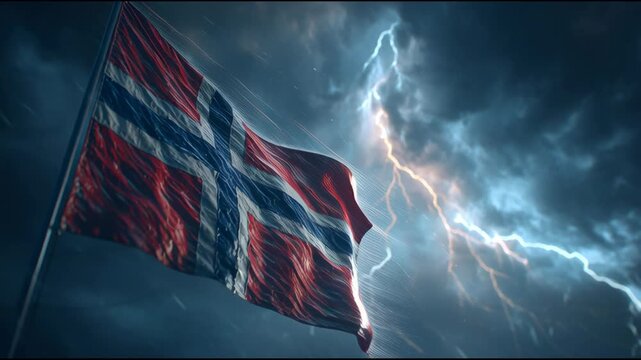 Norwegian Flag Fluttering Amidst Dramatic Thunderstorm with Lightning Streaks