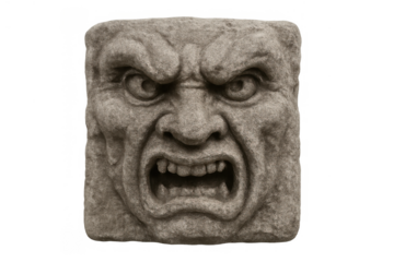 Stone block with an angry face screaming in rage, showing fury and intense emotion on a transparent background