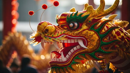 Fototapeta premium Traditional golden chinese dragon dance head for New Year celebration. Intricate cultural performance element close-up. Asian festival concept.