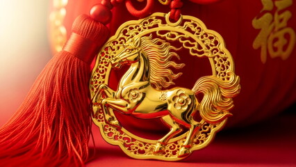 Fototapeta premium Illuminating golden horse ornament with red tassel and traditional knot for Chinese New Year 2026 decoration