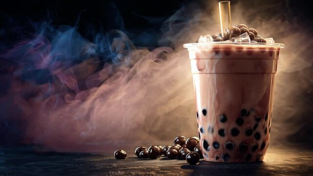 Delicious boba tea drink with tapioca pearls served in a clear plastic cup.