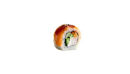 Isolated sushi roll with salmon, avocado, crab, and sauce on a black background