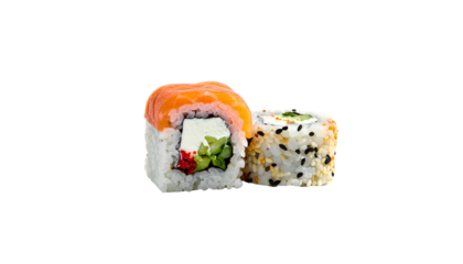 Two sushi rolls, one salmon-topped, the other sesame-crusted, sit against a black backdrop
