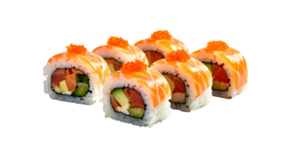 Close-up of six pieces of sushi, featuring salmon and colorful toppings against black
