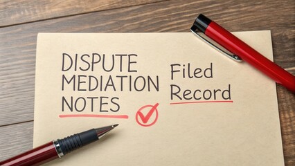 Dispute Mediation Notes Document with Pen and Red Marker on Wooden Table Surface for Conflict Resolution and Legal Reference