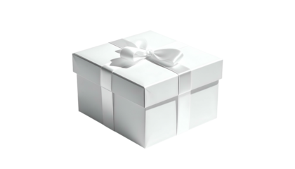 A white gift box, square, tied with a ribbon, against a black background