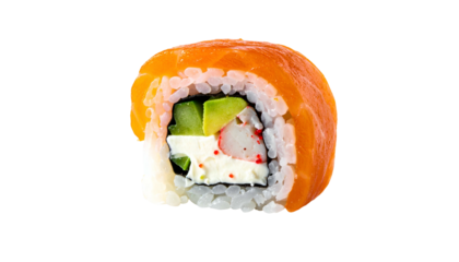 Close-up of sushi roll, featuring salmon, rice, avocado, and crab, isolated on black