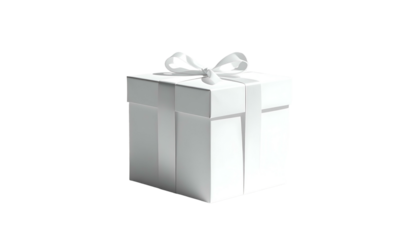 White gift box with a matching ribbon and bow, presented against a black background
