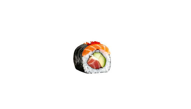 Isolated sushi roll with salmon, tuna, avocado, and tobiko on a dark background