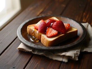 Thick toast with fresh strawberries and honey on a dark plate