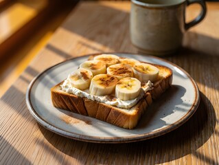 Banana toast with cream cheese and cinnamon on a plate