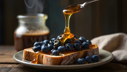 Thick honey drizzling over blueberries on toast