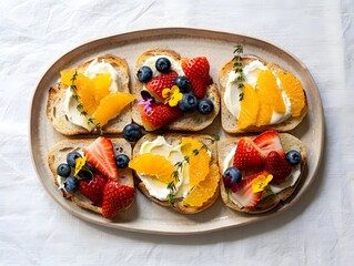 Six pieces of fruit and cream cheese toast on an oval wooden platter