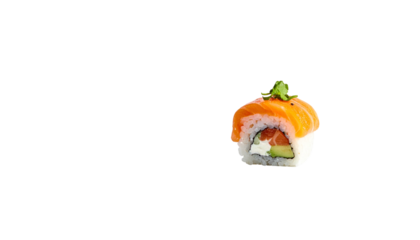 A single sushi roll features salmon atop avocado and cream cheese with a dollop of green garnish