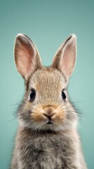 Fototapeta premium cute baby bunny portrait, ultra soft fur, pastel green background, gentle lighting