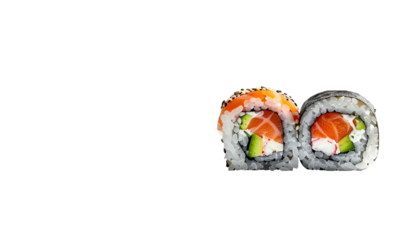Two sushi rolls with salmon, avocado, and cream cheese, against a black background
