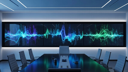 Modern conference room displays vibrant data visualization of complex waveforms and network connections.
