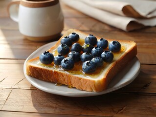 Toast with honey and fresh blueberries on a plate