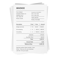 Fototapeta premium Invoice paper document with itemized services totals and tax, business billing statement template sheets. 3D rendering