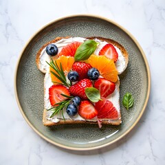 Gourmet fruit toast with cream cheese, berries, and herbs