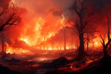Forest fire blazing through a dry landscape, showing burning trees and heavy smoke