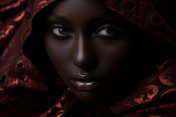 Dark skinned woman with a mysterious expression wearing a red patterned veil