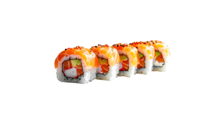 Close-up of sushi rolls with salmon, avocado, crab, and various toppings against black