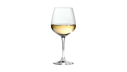 Elegant wine glass filled with golden liquid, stem and base visible on a black background