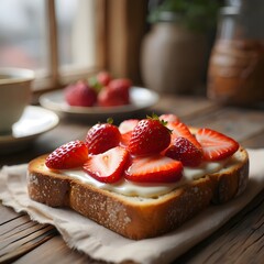 Delicious strawberry toast with cream on wooden table