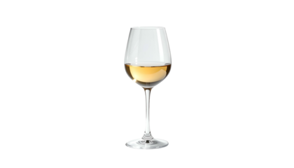 A stemmed wine glass filled with golden liquid, isolated against a stark black background