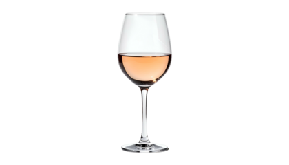 A stemmed glass filled with light pink wine, set against a solid black background