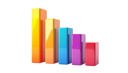 Colorful 3D bar chart showing a downward trend, isolated on black