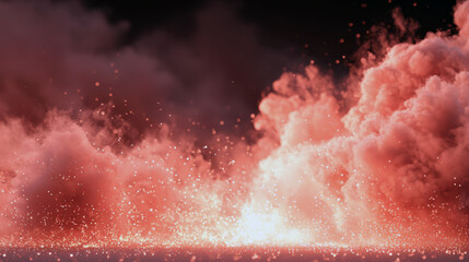 Dramatic explosion of pink and red smoke clouds with glowing golden sparks and magical glitter particles on a dark background, cinematic abstract background for celebrate or fantasy concept art
