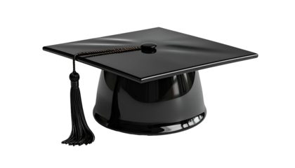 Shiny black mortarboard with a tassel, resting against a black background