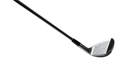 Close-up of a golf club. Mostly black with silver clubhead and angled from left