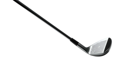 Close-up of a golf club. Mostly black with silver clubhead and angled from left
