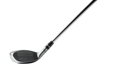 A metallic golf club, angled, isolated on a black background, perfect for a swing
